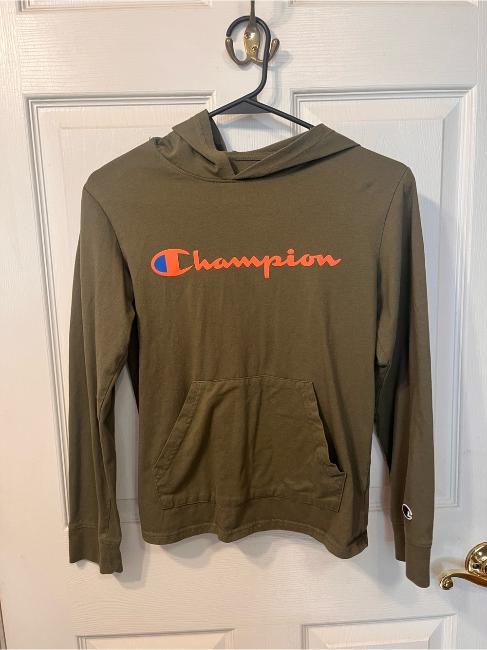 Champion Kids Olive Green Hoodie with Orange Logo
